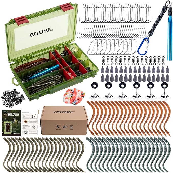 Goture 353PCS Wacky Worm Fishing Lure Kit, Bass Fishing Wacky Rig Tool Kit with Soft Plastics Lures, O-Rings, Offset Worm Hooks, Drop Shot Hooks, Beads, Sinker Weights, 3600 Tackle Box, Gifts of Men