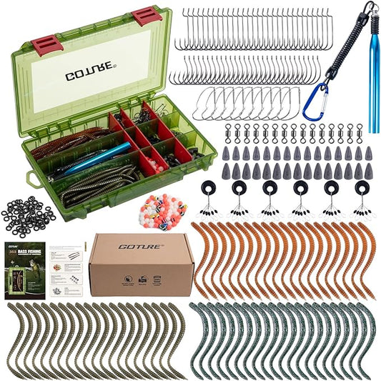 Goture 353PCS Wacky Worm Fishing Lure Kit, Bass Fishing Wacky Rig Tool Kit with Soft Plastics Lures, O-Rings, Offset Worm Hooks, Drop Shot Hooks, Beads, Sinker Weights, 3600 Tackle Box, Gifts of Men
