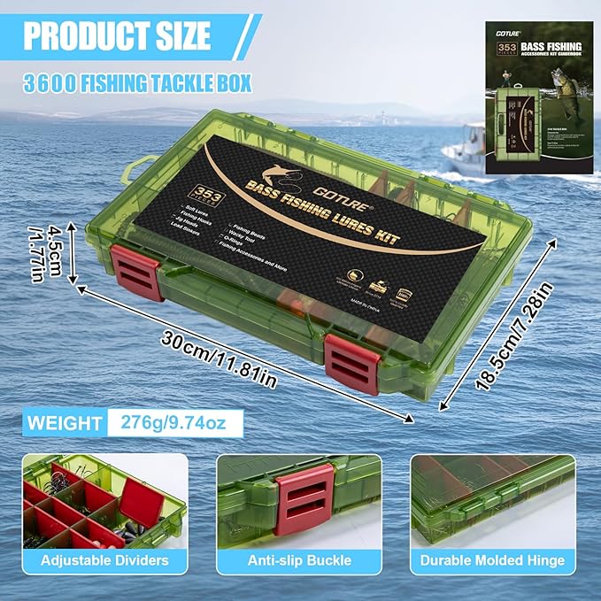 Goture 353PCS Wacky Worm Fishing Lure Kit, Bass Fishing Wacky Rig Tool Kit with Soft Plastics Lures, O-Rings, Offset Worm Hooks, Drop Shot Hooks, Beads, Sinker Weights, 3600 Tackle Box, Gifts of Men