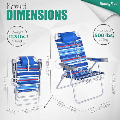 SUNNYFEEL 17" Tall Oversized Beach Chairs 2 Pack for Adults Heavy Duty 500 LBS, 5 Position, Portable High Folding Camping Chair with Cup Holder for Outdoor/Lawn/Trip, Foldable Sand Chairs for Adults