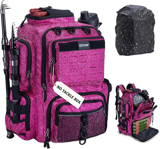 Goture Fishing Backpack,900D Water-Resistant Tackle Backpack with Rod Holders,45L Large Fishing Bag Storage Gear Tackle Bag with Rain Cover,Bottle Holder for Travel Camping Hiking(Without Tackle Box)