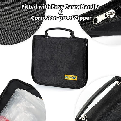 Dr.Fish Soft Bait Binder 10 Pieces PVC Bag Fishing Lure Storage Tackle Wallet Waterproof Heavy Duty Buckle Corrosion Resistant Zipper Worms Snell Hooks Sinkers Rig