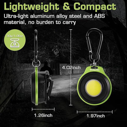 WORKPRO Mini Keychain Work Light, COB Keychain Flashlight with Hat Clip, Rechargeable Magnetic EDC Carabiner Flashlight, 3 Light Modes Emergency Light for Camping, Biking and Car Repairing, Green