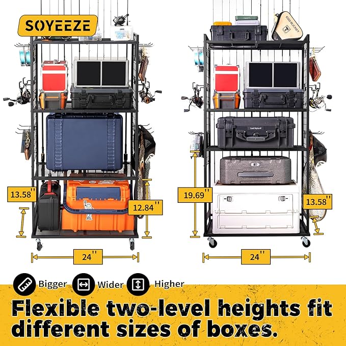 SOYEEZE Fishing Rod Holders for Garage, 4 Tier Adjustable Fishing Pole Holders Up to 12 Rods, Fishing Rod Rack with Lockable Wheels for Large Tackle Box Storage and Fishing Equipment Organization