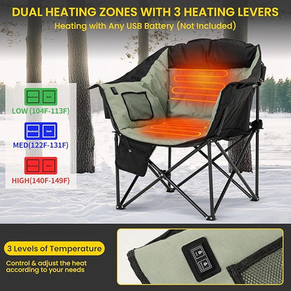 NAIZEA Heated Camping Chairs with Cooler Bag, Folding Camping Chair for Adults Outdoor, Heavy Duty Heated Lawn Chair for Camp, Garden, Firepits, Patio, & More, Support 500 LBS