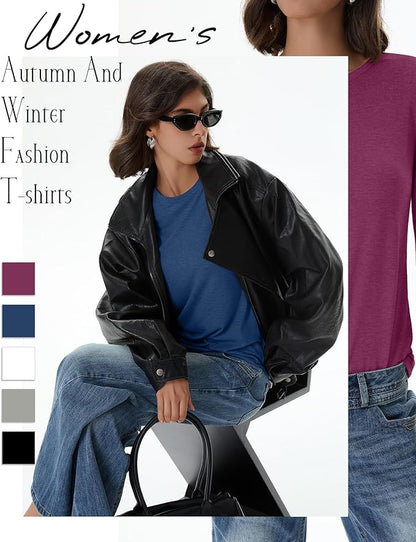 Huukeay 5 Pack Women's Crew Neck Long Sleeve Shirts, Cotton Blend Casual Clothes Workout Basic Layering Tee Tops Multipack