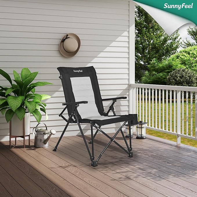 SUNNYFEEL Ergonomic High Back Camp Chair - 500lbs Heavy Duty Folding Chair, UV-Resistant Portable Camp Chair with Hard Armrests, Cup Holder＆ Bag for Outdoor, Basebal, Travel, Sports, Hiking, Fishing