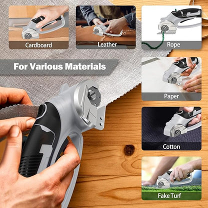 Cordless Electric Scissors, 4V Box Cutter & Cardboard Cutter with Upgrade Blade, LED Light, Safety Lock - Rechargeable Rotary Cutter for Fabric, Leather, Plastic, Crafting, Sewing, Industrial (Grey)