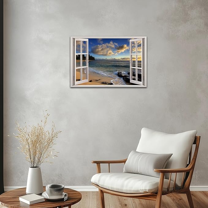 ANRUOXI Beach Pictures Wall Art Decor for Living Room, Blues Ocean Painting Decor for Bedroom, White Window Frame Style Sunset Sea Canvas Wall Decor, Coastal Landscape Artwork for Office 18x24 Inch