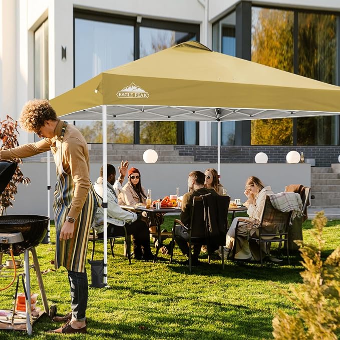 EAGLE PEAK Pop Up Canopy Tent with Wheeled Carry Bag, 8 Stakes, 4 Ropes, 4 Weight Bags, Easy Set Up Tent Canopy, 12x12 ft, 144sqft of Shade, Beige