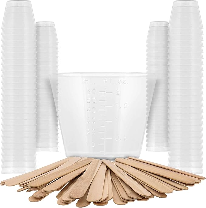 Pouring Masters 2 Oz (60 ml) Liquid Measuring Cups - Plastic Graduated Cup (100 Pack) with 25 Sticks - Reusable Mixing Cups for Paint, Craft, Kitchen, Lab, Medical Supplies, Epoxy Resin, Art