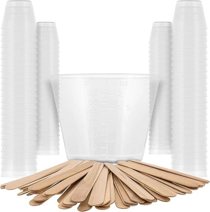 Pouring Masters 2 Oz (60 ml) Liquid Measuring Cups - Plastic Graduated Cup (100 Pack) with 25 Sticks - Reusable Mixing Cups for Paint, Craft, Kitchen, Lab, Medical Supplies, Epoxy Resin, Art