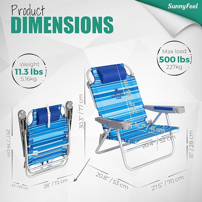 SUNNYFEEL Extra Wide 28" Low Beach Chair 2 Pack 5 Position Lay Flat, XL Oversized Portable Folding Camping Chairs with Cup Holder for Outdoor/Trip, Foldable Backpack Beach Chair for Adults