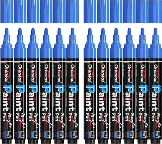 Overseas Blue Paint Pens Paint Markers - Permanent Acrylic Markers 12 Pack, Water-Based, Quick Dry, Waterproof Marker Pen for Rock, Wood, Plastic, Metal, Canvas, Glass, Fabric, Mugs. Medium Tip