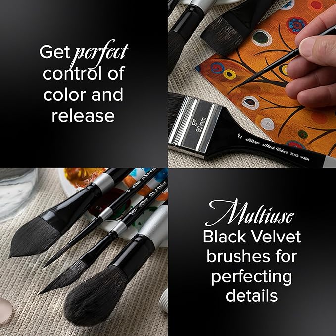 Silver Brush Limited BV-3053S Black Velvet Short Handle Script Liner Brushes, Mixed Filament With Very Soft Tips, 4pc Professional Artist Painting Bundle for Watercolors, Gouache, Dyes & Silk Painting