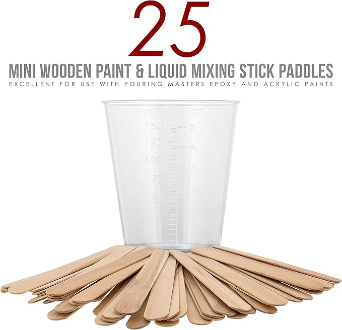 Pouring Masters 5 Oz (150 ml) Liquid Measuring Cups - Plastic Graduated Cup (100 Pack) with 25 Sticks - Reusable Mixing Cups for Paint, Craft, Kitchen, Lab, Medical Supplies, Epoxy Resin, Art