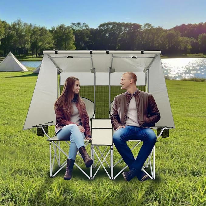 PLKO Portable Double Camping Chair with Canopy Shade,Heavy Duty Beach Chairs for Adults,Folding Beach Chair with Cooler Bag for Sports Backyard Fishing Outside（White）