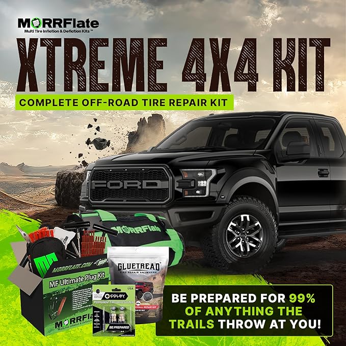 MORRFlate Xtreme 4×4 Tire Repair Kit Complete Off-Road Tire Repair Includes Tool Roll Bag, Tire Plug Kit, GlueTread Sidewall Tire Repair Kit, and Two Colby Valve Permanent Valve Stem Replacements