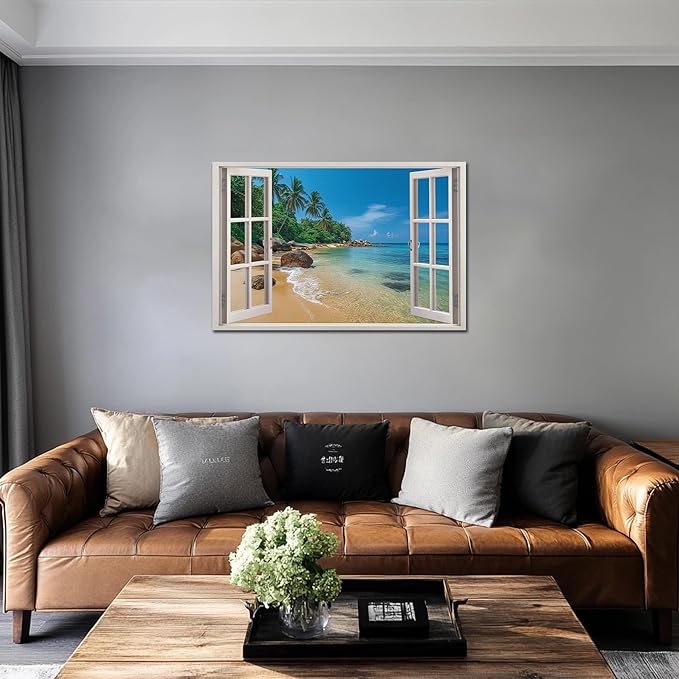 ANRUOXI Beach Pictures Wall Art Decor for Living Room, Blue Ocean Painting Decor for Bedroom, White Window Frame Style Palm Trees Canvas Wall Decor, Coastal View Artwork for Bedroom Office 28x40 Inch