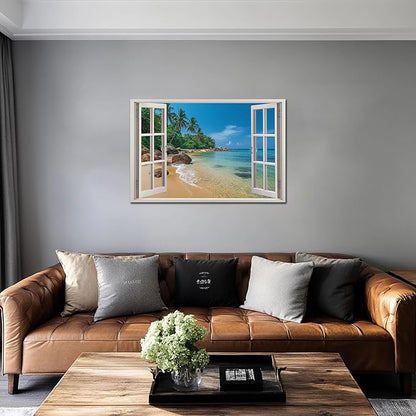 ANRUOXI Beach Pictures Wall Art Decor for Living Room, Blue Ocean Painting Decor for Bedroom, White Window Frame Style Palm Trees Canvas Wall Decor, Coastal View Artwork for Bedroom Office 28x40 Inch