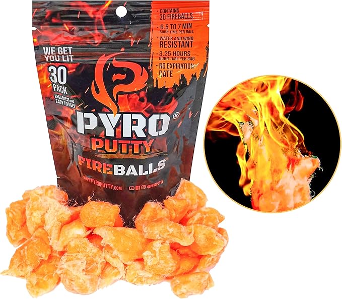 Pyro Putty Fire Balls: Fire Plugs Fire Starter with 7 Minute Burn Time, Waterproof, Weatherproof Emergency Kit Survival Gear Essential - 30 Pack