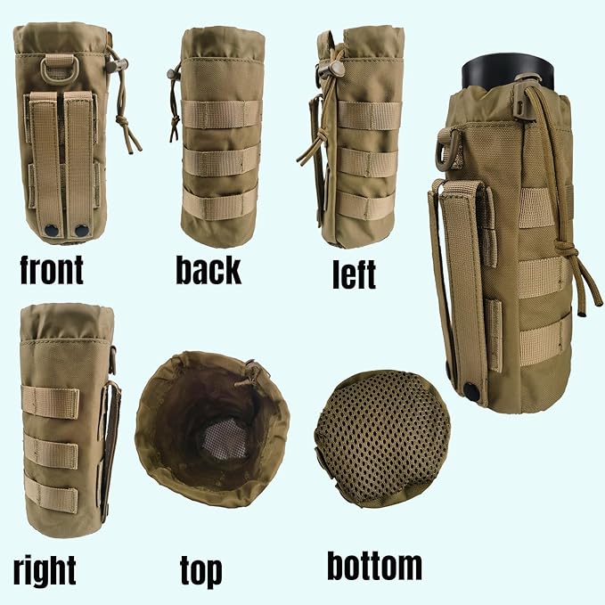 Tactical MOLLE Water Bottle Holder, Upgraded Water Bottle Pouch with Drawstring Open Top & Mesh Bottom, 16/24/25/32oz Water Bottle Carrier Bag with D-Ring Hook for Backpack