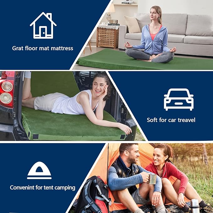 CYMULA Memory Foam Camping Mattress Pad, CertiPUR-US Sleeping Mat, Portable Roll Up Mattress for Adults, Camping Bed Pads for Sleepover, Car Bed with Travel Bag