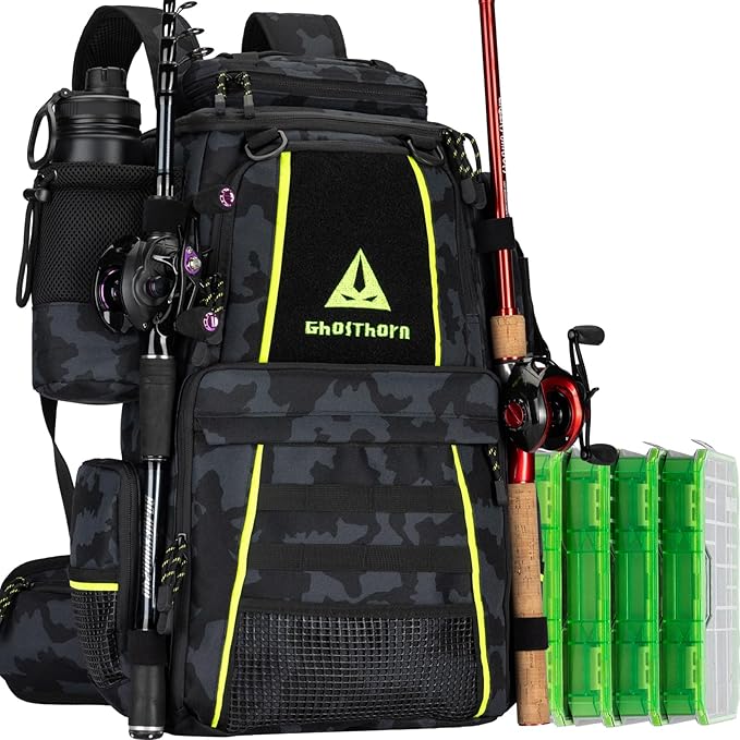 Ghosthorn Fishing Tackle Backpack with 4 3600 Tackle Boxes Rod Holder Outdoor 43L Large Bag with Detachable Wasit Bag Storage Gear and Equipment Waterproof