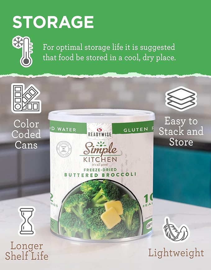 Simple Kitchen Freeze Dried Buttered Broccoli – 12 Servings for Family Meal Prep, Canned Broccoli, Gluten Free & Dehydrated Camping Meals, Emergency Survival Food for Backpacking & Hiking, #10 Can