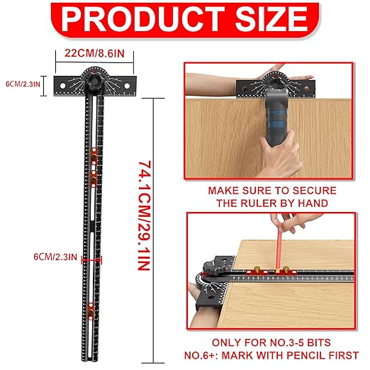 29 Inch Woodworking T Square Ruler, Aluminum Alloy, Adjustable Angle 15-165° Measurement Tool, Precision Drilling Positioning Guide for Carpentry, Drafting, Contractor, Scribe Crafting, Drywall