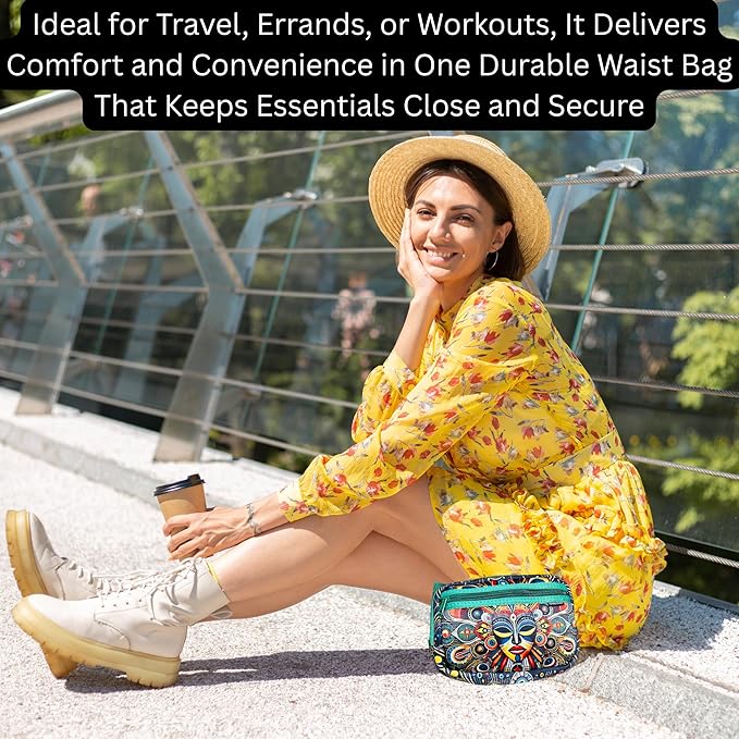 Yewande&co Neoprene Fanny Pack Belt Bag – Lightweight Waterproof Waist Bag with Adjustable Strap, 3 Zippered Pockets, Crossbody Belt Bag for Travel, African Design Crossbody Bags (Mask)