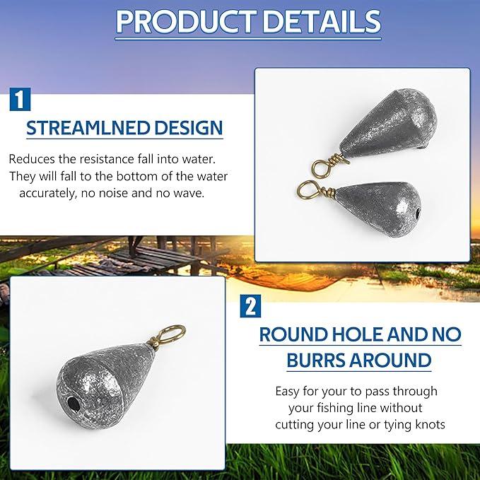 Fishing Weights Sinker Kit-30pcs Assorted Bass Casting Sinker Weights Bell Sinkers Drop Shot Weights with Brass Swivels for Saltwater Freshwater Fishing