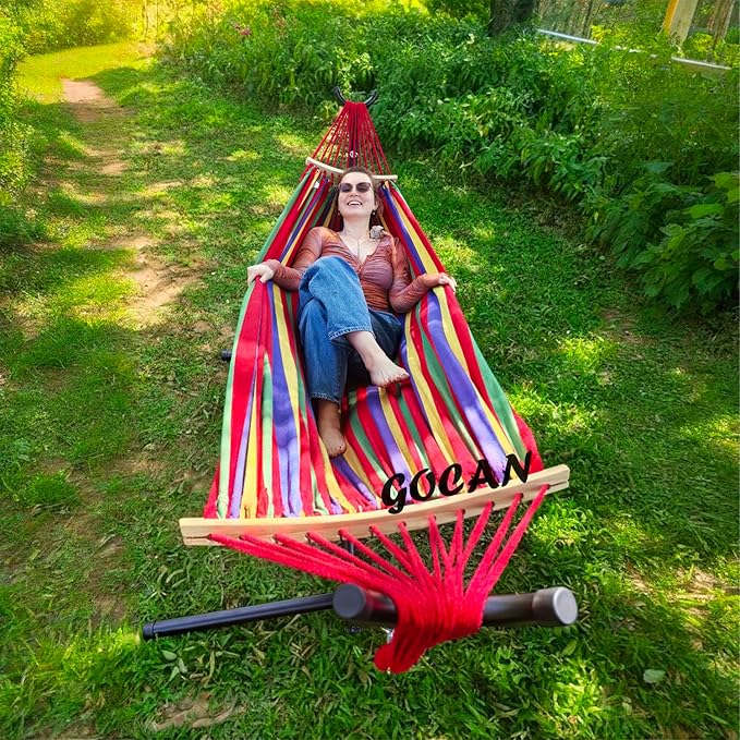 Double Hammock 2 Person Large 220x160cm with Steel Stand and Removable Spreader bar Load 500lb, Canvas Cotton Hammocks for Patio Porch Garden Backyard Outdoor and Indoor,red