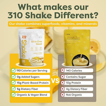 310 Nutrition All-In-One Meal Replacement Shake Powder - Plant-Based Protein Smoothie Blend w/High Fiber, Probiotics & Adaptogens - Low Carb, Vegan, Keto & Paleo Friendly - Lemon Cake - 28 Servings