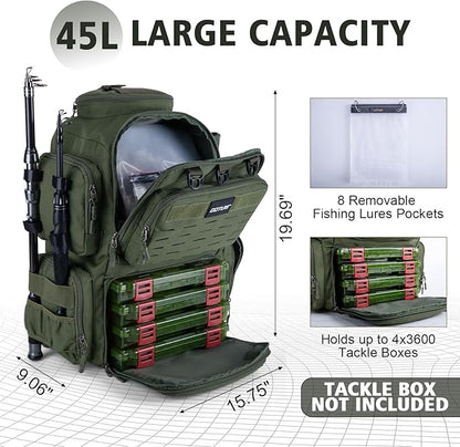 Goture Fishing Backpack, 900D Water-Resistant Tackle Backpack with Rod Holders, 45L Large Fishing Bag Storage Gear Tackle Bag with 8 Lure Pockets, Rain Cover for Camping Hiking(Without Tackle Box)