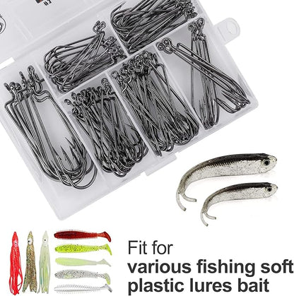 UCEC Fishing Hooks, 140PCS/ 100PCS/ 60PCS EWG Offset Worm Hooks Bass Hooks Wide Gap 2X Strong Senko Bait Texas Rig Jig Fish Hooks for Bass Trout Saltwater Freshwater Size:#4#2#1 1/0 2/0 3/0 4/0 5/0