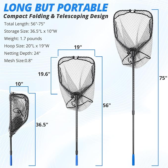 Long Fishing Net, Foldable Landing Net with Telescoping Handle, Rubber Netting, Lightweight & Strong, Length 56″-75″, Hoop Size 20″ x 19″, Depth 20″, 25 lbs. Capacity