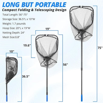 Long Fishing Net, Foldable Landing Net with Telescoping Handle, Rubber Netting, Lightweight & Strong, Length 56″-75″, Hoop Size 20″ x 19″, Depth 20″, 25 lbs. Capacity
