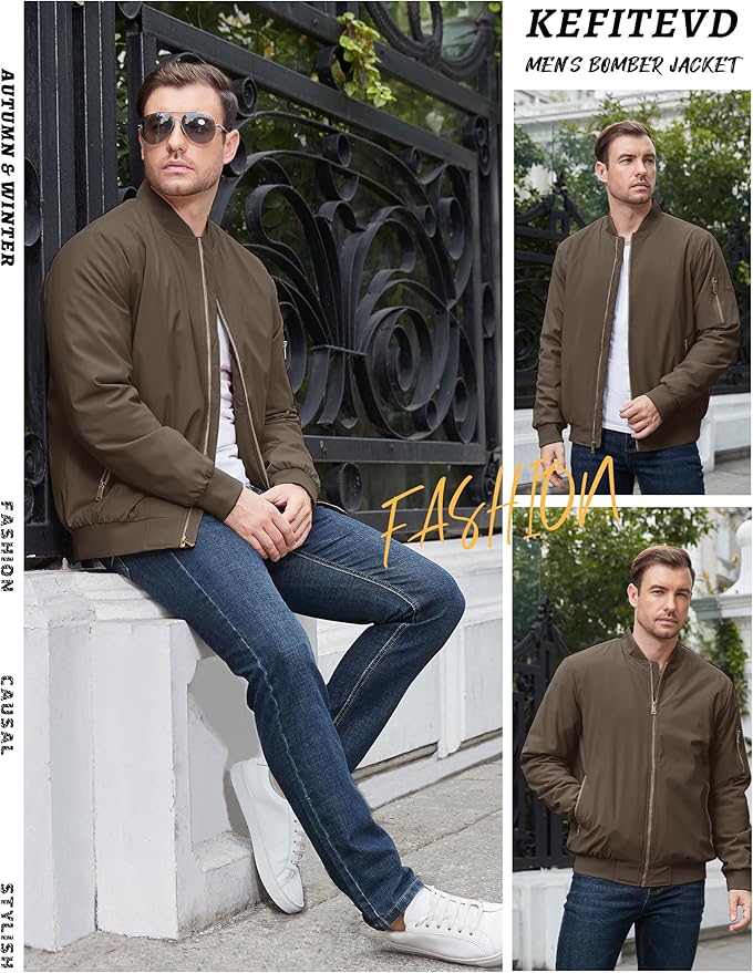 KEFITEVD Men's Jacket Casual Windproof Bomber Jackets Full Zip Windbreaker Warm Winter Padded Coats