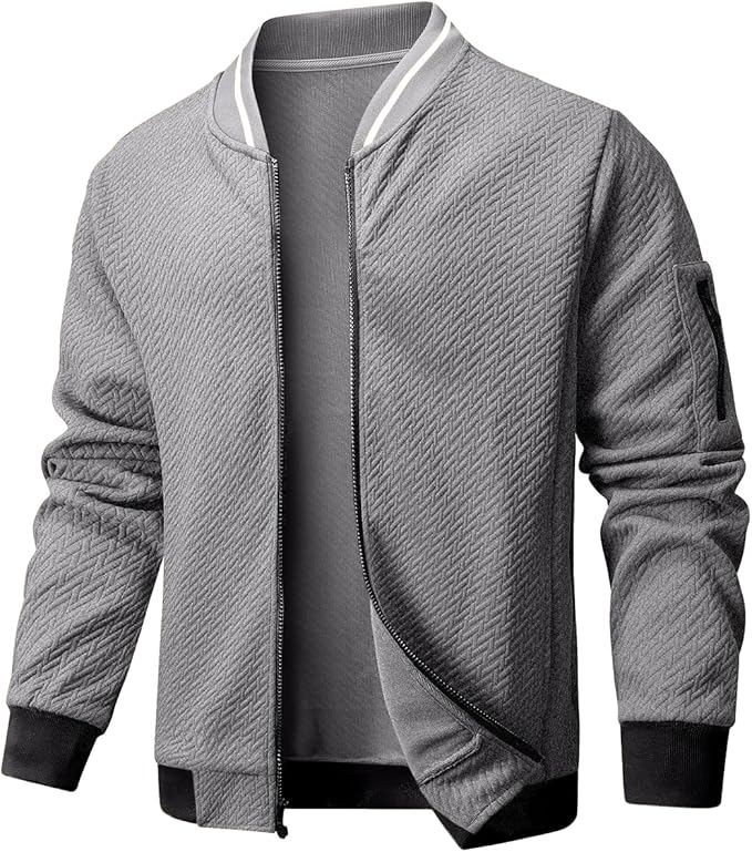 Mens Casual Jacket Loose Fit Lightweight Jacket Varsity Bomber Jacket with Zipper