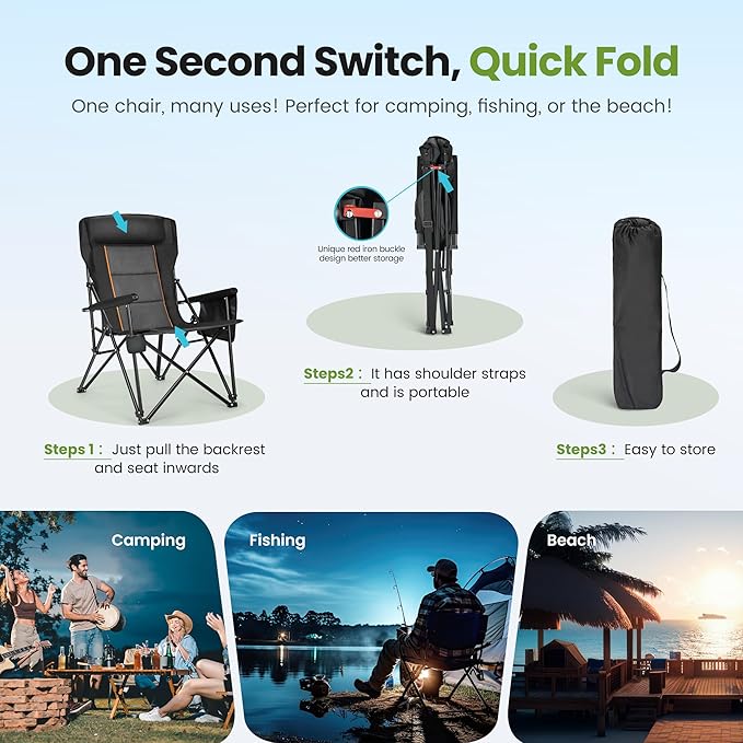 HIGH POINT SPORTS Oversized Folding Camping Chairs for Adults, High Backrest Heavy Duty Lawn Chairs Support 500 LBS Portable Collapsible Camp Chairs with Cup Holders,Side Pocket, 2 Pack, Black