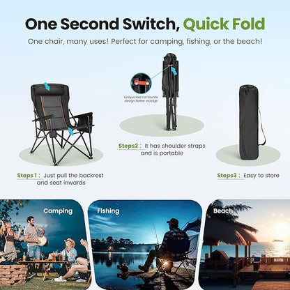 HIGH POINT SPORTS Oversized Folding Camping Chairs for Adults, High Backrest Heavy Duty Lawn Chairs Support 500 LBS Portable Collapsible Camp Chairs with Cup Holders,Side Pocket, Black