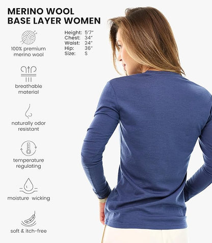 Merino Wool Base Layer Women - 100% Merino Wool Shirt Women Thermal Underwear Long Sleeve T-Shirt for Hiking