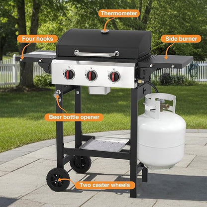 Propane Gas Grill with Folding Side Tables, 3-Burner Gas Grill with Cast Iron Grates and Stainless Steel Griddle Pan, Outdoor BBQ Grill Portable with Wheels 30000 BTU Output