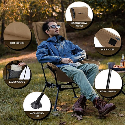 MOON LENCE Oversized Camping Chair for Adults, Height Adjustable High-Back Folding Camping Chair with 400 lbs Capacity, Hidden Pillow Pocket and Wide Seat for Camping, Hiking, Picnics, Khaki