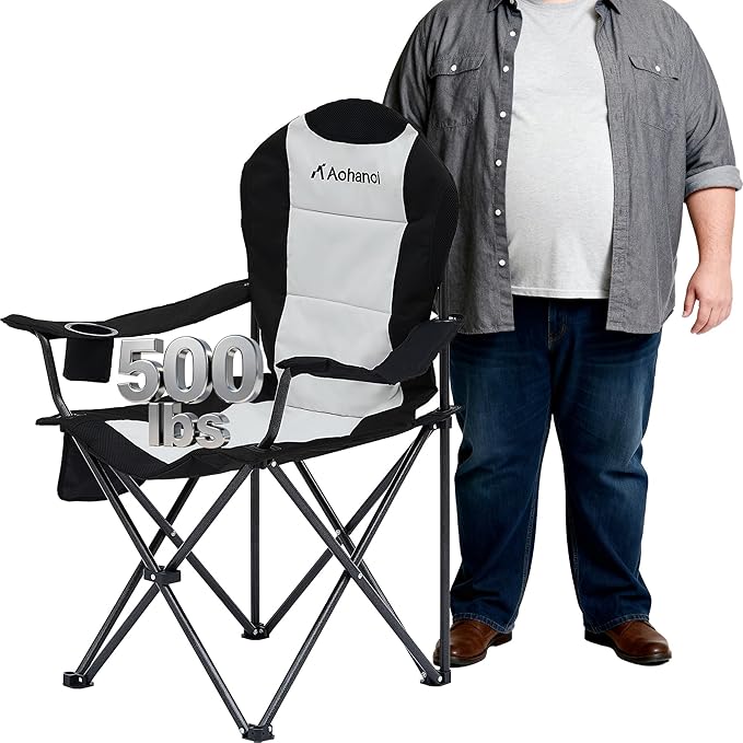 Camping Chairs for Heavy People, Folding Chairs for Outside Outdoor Folding Chairs with Cup Holder & Cooler Bag, Camp Chairs Supports up to 500lbs(1 PC, Black White)
