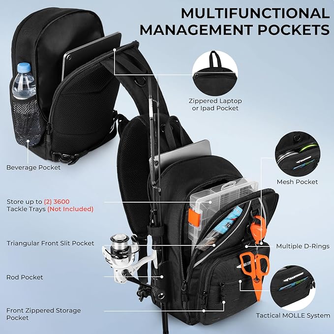 KastKing Karryall Sling Tackle Bag–Fishing Sling Pack,Fishing Backpack With Rod Holder,MOLLE System,Soft Bait & Gear Storage