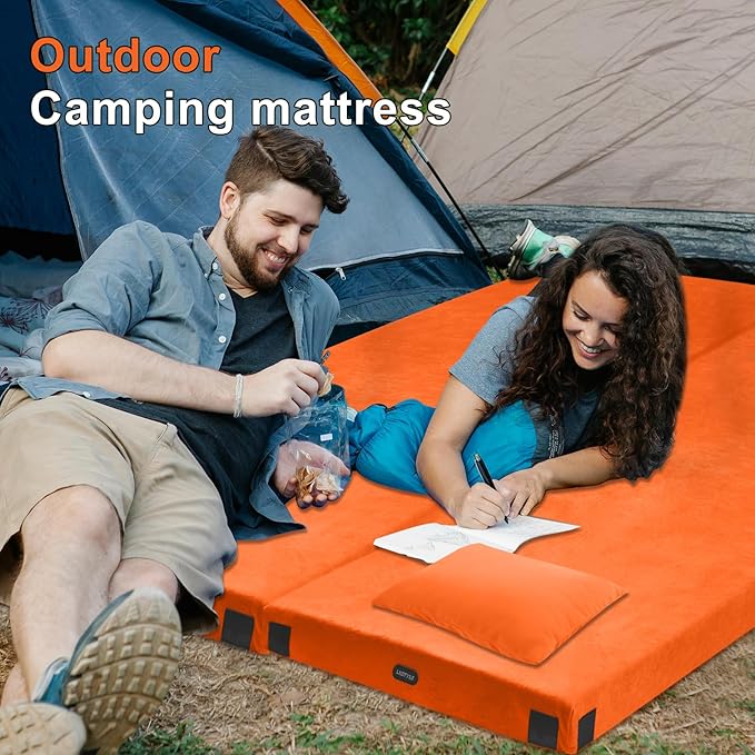 Memory Foam Camping Mattress pad, Comfortable Thick Floor Sleeping Mat for Adults with Waterproof and Non-Slip Bottom, Portable Roll Up Mattress for Sleepover Guest,Cot Mad for Car Camping