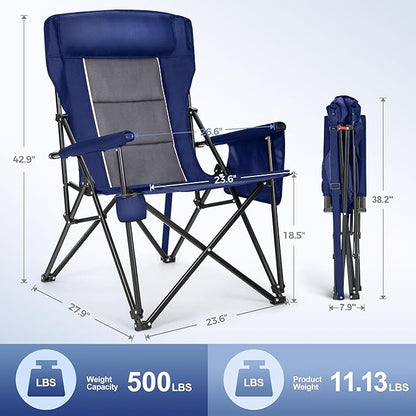 LET'S CAMP Oversized Camping Chairs 29.52" High Back Heavy Duty Lawn Chair Support 500LBS, Portable Collapsible Chair with Cup Holder, Side Pocket(Blue)