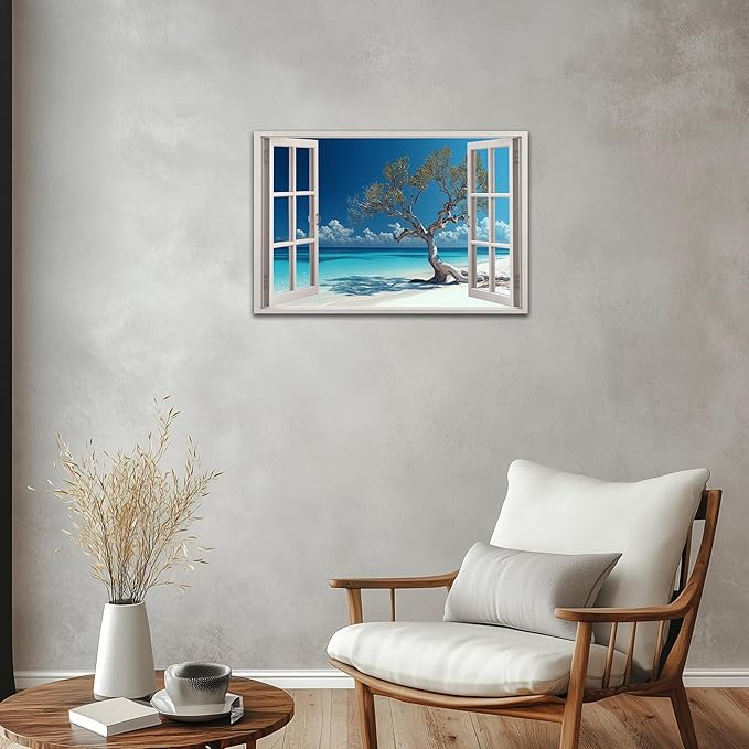 ANRUOXI Beach Picture Wall Art for Living Room, Blue Ocean Painting Decor for Bedroom, White Window Frame Style Palm Trees Canvas Wall Decor, Coastal Landscape Artwork for Offices Bedroom 18x24 Inch